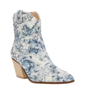 Diva Blue Floral Rhinestone Ankle Boots